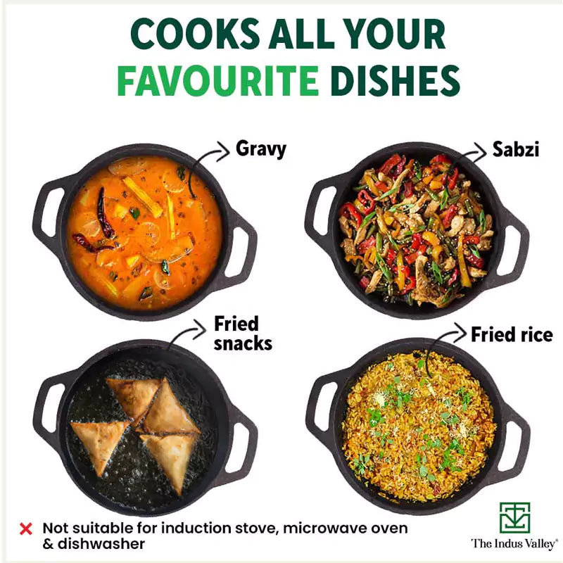 CASTrong Cast Iron Kadai, Flat Handle,Pre-seasoned, Nonstick, 100% Pure, Toxin-free, 20.5/25.6cm, 1.4L/2.4L, 1.8kg/2.5kg - Image 10