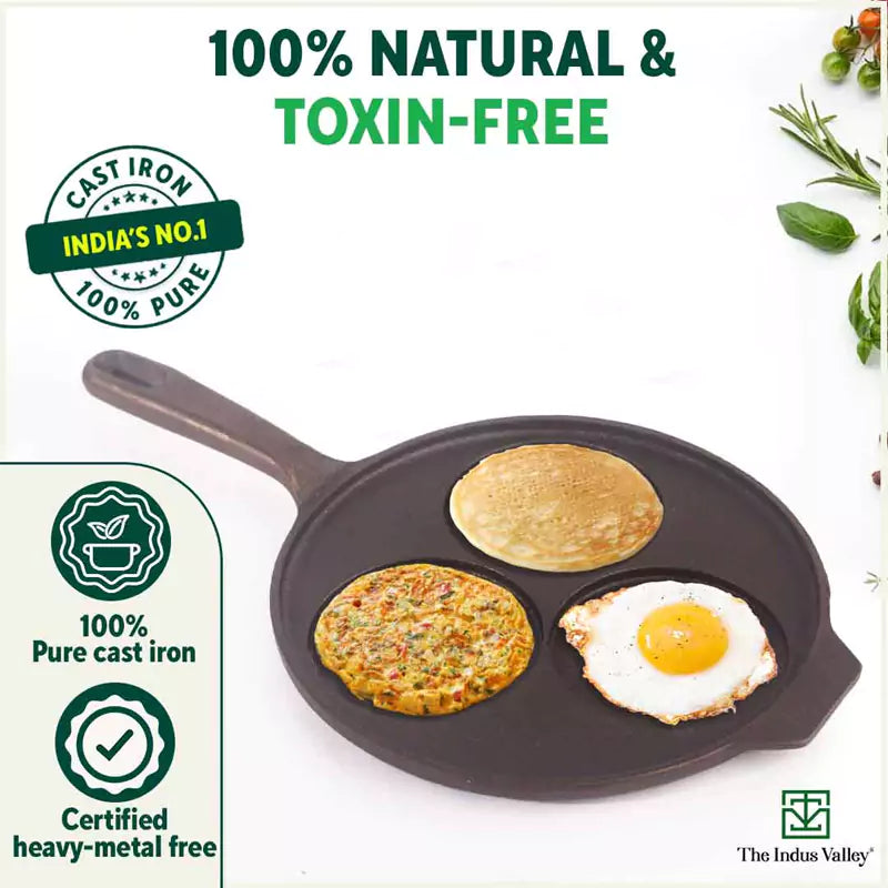 CASTrong Cast Iron Uttapam/ Set Dosa Tawa, 3 Pit, Pre-seasoned, 100% Pure, Toxin-free, Induction, 23cm - Image 5