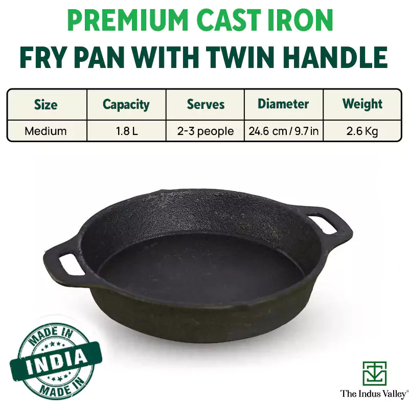 CASTrong Cast Iron Fry Pan, 2 Handles, Pre-seasoned, Nonstick, 100% Pure, Toxin-free, Induction, 24.6cm, 1.8L, 2.6kg - Image 3