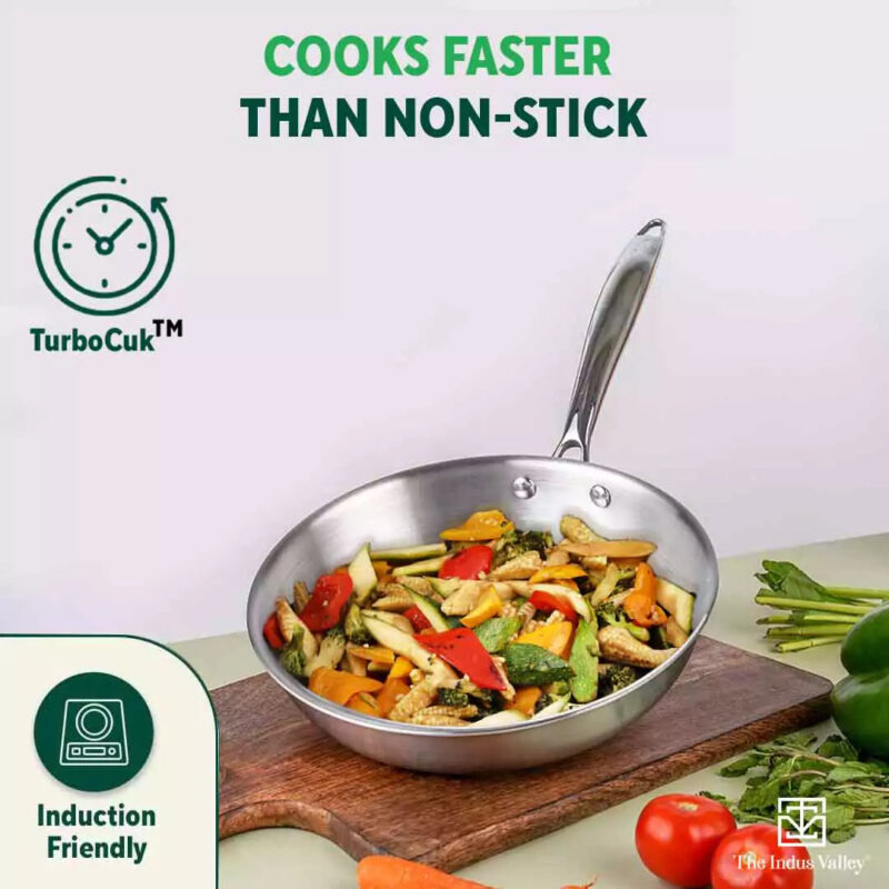 TurboCuk Tri-ply Stainless Steel Cookware Set: Kadai+ Fry Pan, Premium Quality, 3 Layer Thick Body, 100% Toxin-free, Non-stick, Induction & Gas, Free ₹600 Wood Chopping Board - Image 7