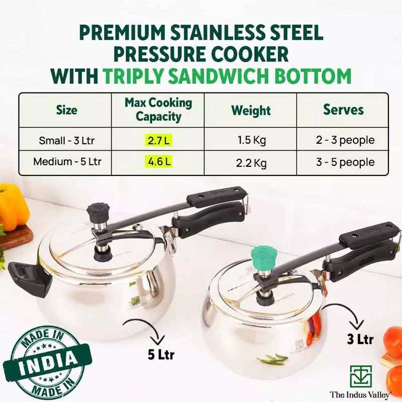 3L+5L QuicKooker Stainless Steel Pressure Cooker Combo+ Free ₹600 Wood Chopping Board, Premium Quality, Tri-ply (3 Layer) Heavy Bottom, 3Yr Warranty, ISI Certified, Induction & Gas - Image 3
