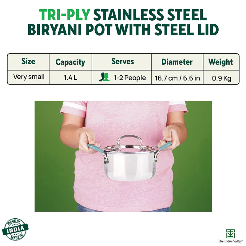 TurboCuk Tri-ply Stainless Steel Casserole/Biryani Cooking Pot, Premium Quality, 3 Layer Thick Body, Cool Silicone Handles, 100% Toxin-free, Non-stick, Induction & Gas, 1.4L - Image 2