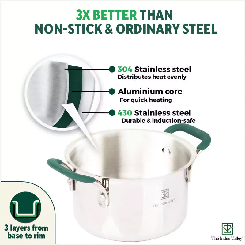 TurboCuk Tri-ply Stainless Steel Casserole/Biryani Cooking Pot, Premium Quality, 3 Layer Thick Body, Cool Silicone Handles, 100% Toxin-free, Non-stick, Induction & Gas, 1.4L - Image 3