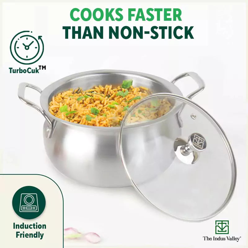 TurboCuk Tri-ply Stainless Steel Handi Casserole/ Biryani Cooking Pot+ Glass Lid, Premium Quality, 3 Layer Thick Body, 100% Toxin-free, Non-stick, Induction & Gas, 4L - Image 3