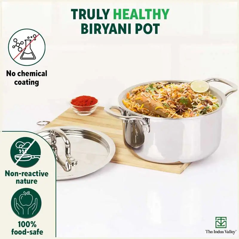 TurboCuk Tri-ply Stainless Steel Casserole/ Biryani Cooking Pot+ Steel Lid, Premium Quality, 3 Layer Thick Body, 100% Toxin-free, Non-stick, Induction & Gas, 3.1L - Image 5