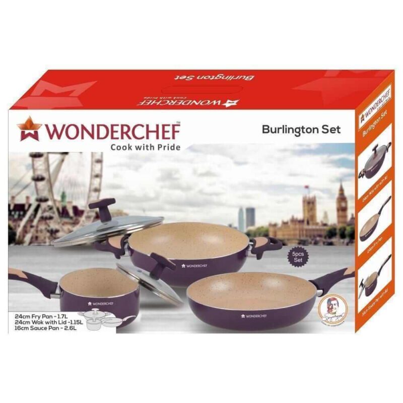 Burlington Nonstick Cookware Set, 5Pc (Wok with Lid, Sauce Pan With Lid, Fry Pan), Induction Bottom, Soft-touch Handles, Virgin Grade Aluminium, PFOA/Heavy Metals Free, 3mm, 2 Years Warranty, Maroon and Beige - Image 8