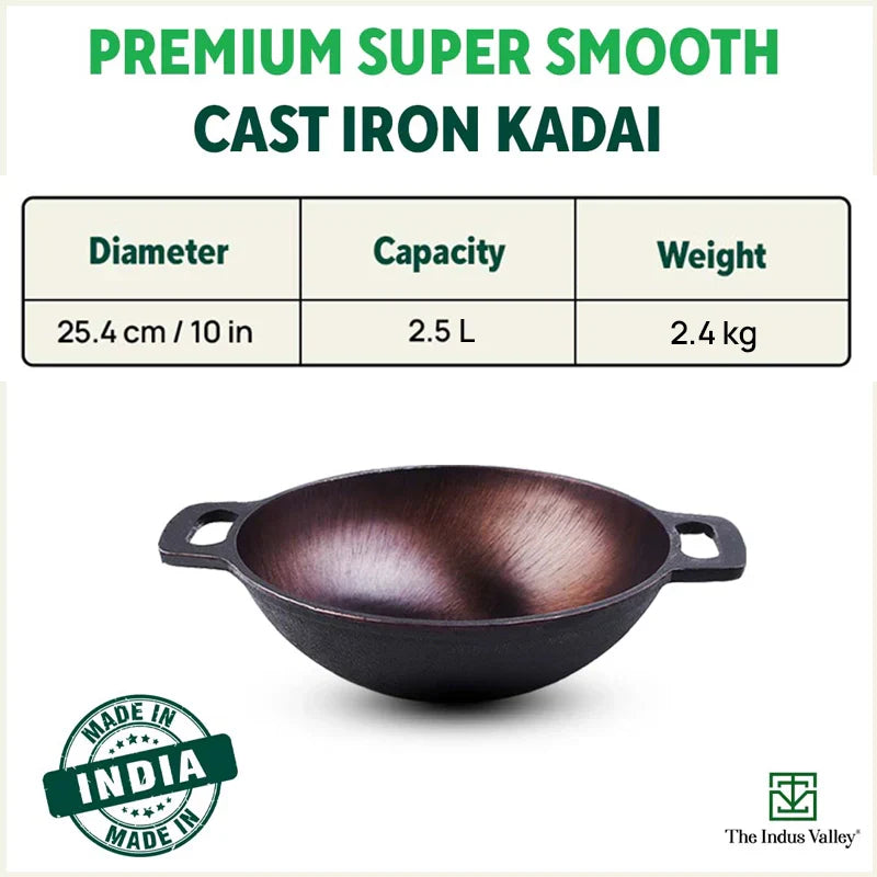 Super Smooth Cast Iron Kadai,Pre-seasoned, Nonstick, 100% Pure, Toxin-free, Free ₹110 Spatula, 25.4cm, 2.5L, 2.4kg - Image 2