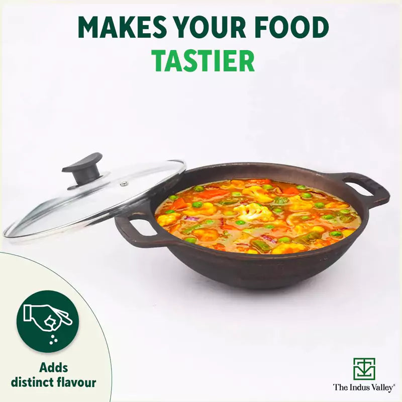 Super Smooth Cast Iron Kadai (Wok)+ Glass Lid, Pre-seasoned, Nonstick, 100% Pure,Toxin-free, 25.4cm, 2.5L, 2.4kg - Image 8