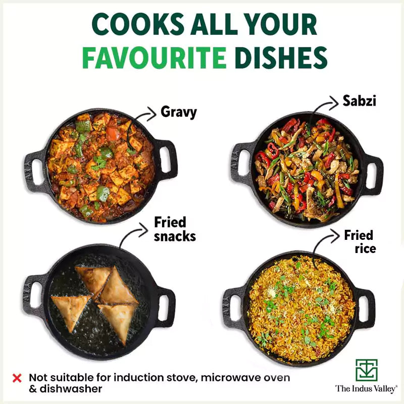 Super Smooth Cast Iron Kadai (Wok)+ Glass Lid, Pre-seasoned, Nonstick, 100% Pure,Toxin-free, 25.4cm, 2.5L, 2.4kg - Image 9