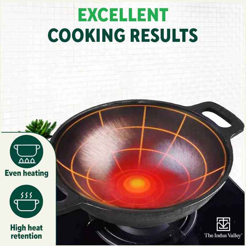 Super Smooth Cast Iron Kadai (Wok)+ Glass Lid, Pre-seasoned, Nonstick, 100% Pure,Toxin-free, 25.4cm, 2.5L, 2.4kg - Image 6