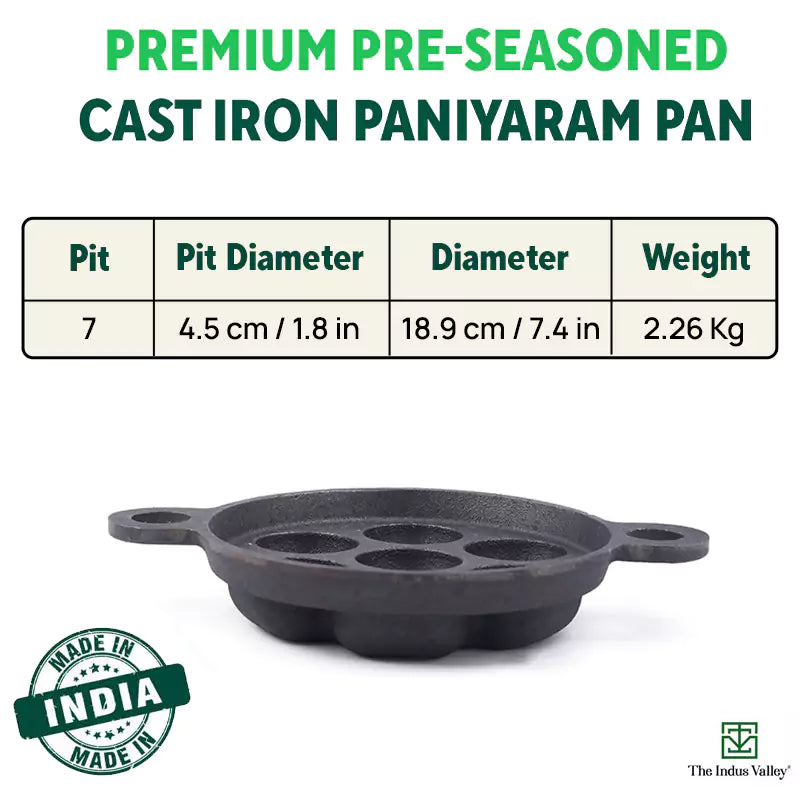 Super Smooth 7 Pit/Cup Cast Iron Paniyaram/Appe Pan+ Free Spatula, Pre-seasoned, Natural Nonstick, 100% Pure, Toxin-free, 18.9cm, 2.26 kg - Image 3