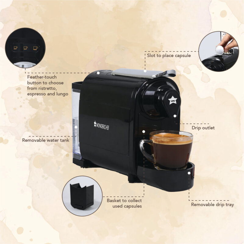 Wonderchef Renewed Regalia Capsule Coffee Machine with Frother | Compatible with Nespresso Capsules | 3 Coffee Shot options - Ristretto, Espresso, Lungo | Patented Capsule Ejection System | 1400W | 1 Year Warranty - Image 6