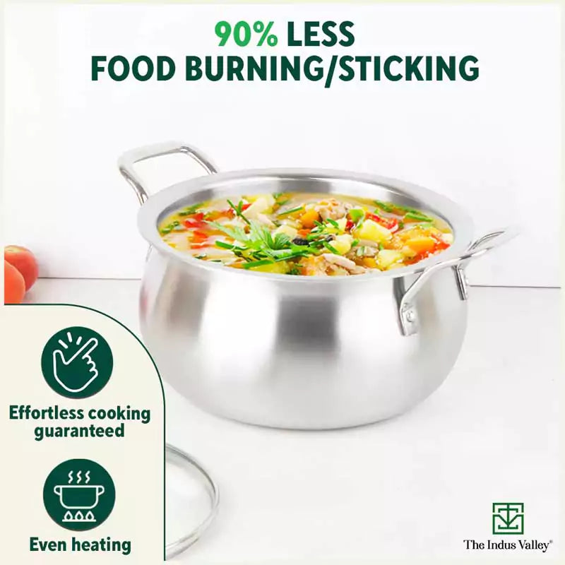 TurboCuk Tri-ply Stainless Steel Handi Casserole/ Biryani Cooking Pot+ Glass Lid, Premium Quality, 3 Layer Thick Body, 100% Toxin-free, Non-stick, Induction & Gas, 4L - Image 4