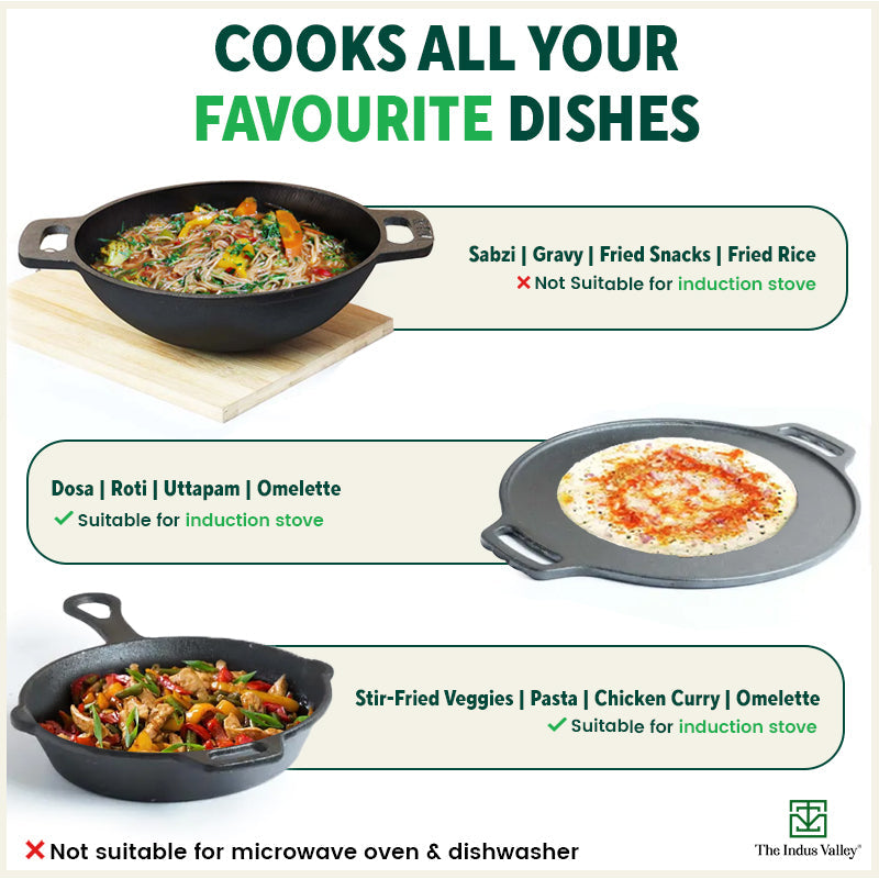 CASTrong Cast Iron Cookware Set: Tawa+ Kadai+ Fry Pan, Kitchen Set for Home, Pre-seasoned, 100% Pure, Toxin-free, Free ₹400 Tadka Pan - Image 10