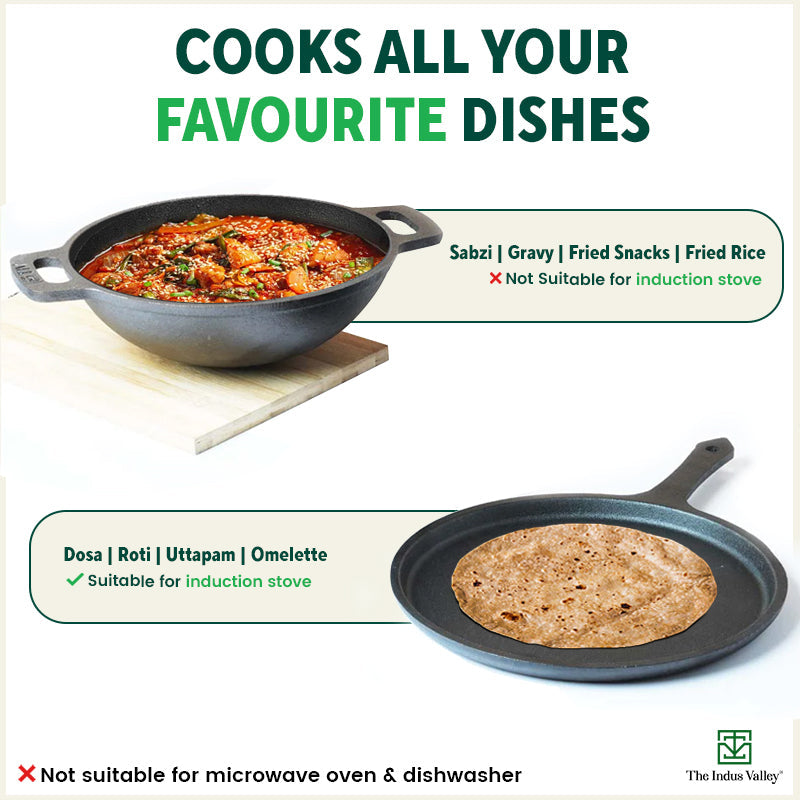 CASTrong Cast Iron Cookware Set: Tawa+ Kadai (Wok model), Kitchen Set for Home, Pre-seasoned, 100% Pure, Toxin-free, Free ₹400 Tadka Pan - Image 11