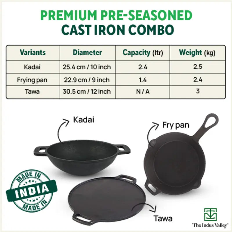 CASTrong Cast Iron Cookware Set: Tawa+ Kadai+ Fry Pan, Kitchen Set for Home, Pre-seasoned, 100% Pure, Toxin-free, Free ₹400 Tadka Pan - Image 2