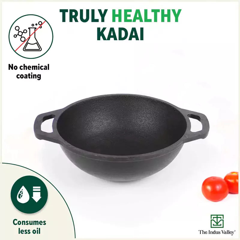 CASTrong Cast Iron Kadai, Flat Handle,Pre-seasoned, Nonstick, 100% Pure, Toxin-free, 20.5/25.6cm, 1.4L/2.4L, 1.8kg/2.5kg - Image 4