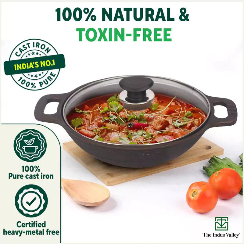 Super Smooth Cast Iron Kadai (Wok)+ Glass Lid, Pre-seasoned, Nonstick, 100% Pure,Toxin-free, 25.4cm, 2.5L, 2.4kg - Image 4