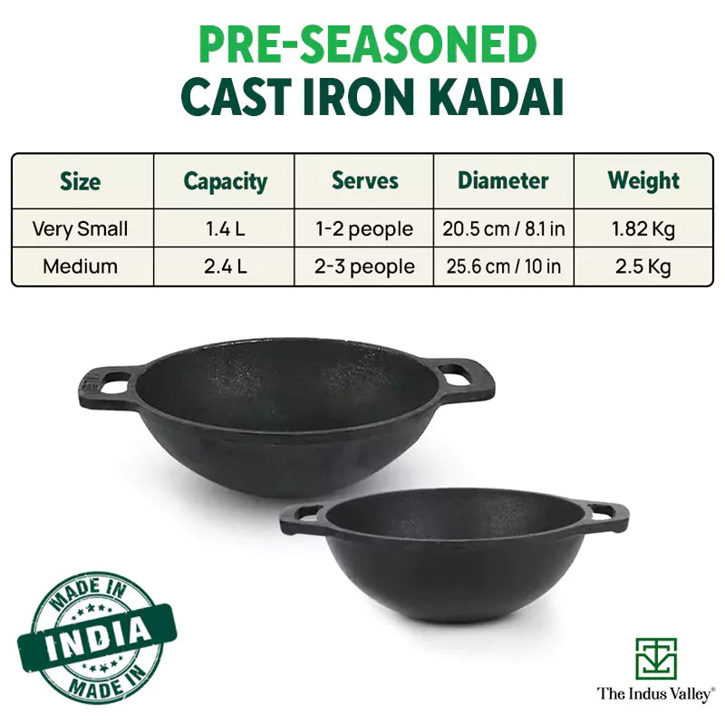 CASTrong Cast Iron Kadai, Flat Handle,Pre-seasoned, Nonstick, 100% Pure, Toxin-free, 20.5/25.6cm, 1.4L/2.4L, 1.8kg/2.5kg - Image 3