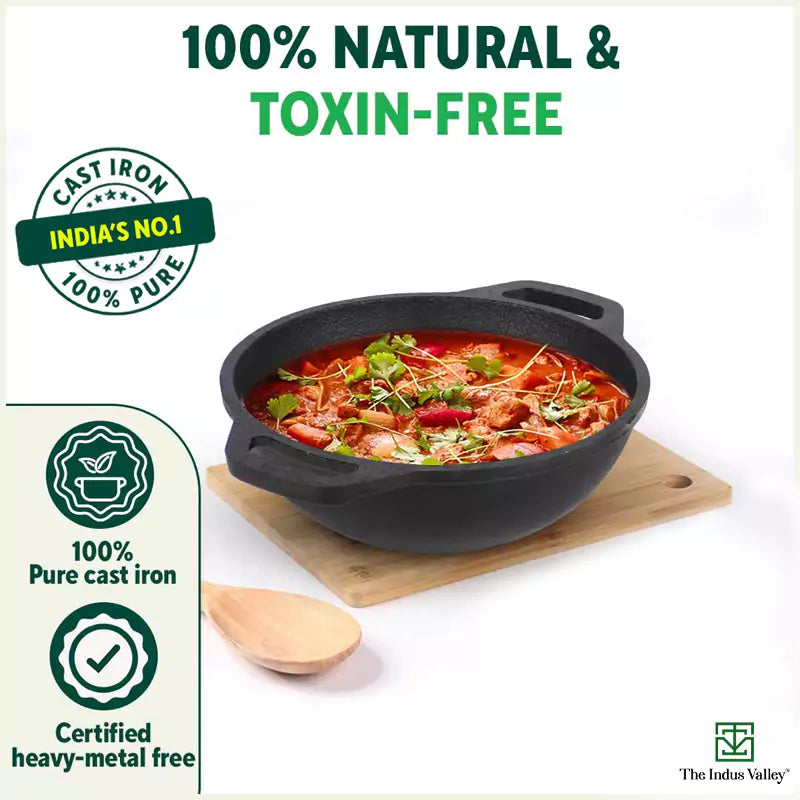 CASTrong Cast Iron Kadai, Flat Handle,Pre-seasoned, Nonstick, 100% Pure, Toxin-free, 20.5/25.6cm, 1.4L/2.4L, 1.8kg/2.5kg - Image 5