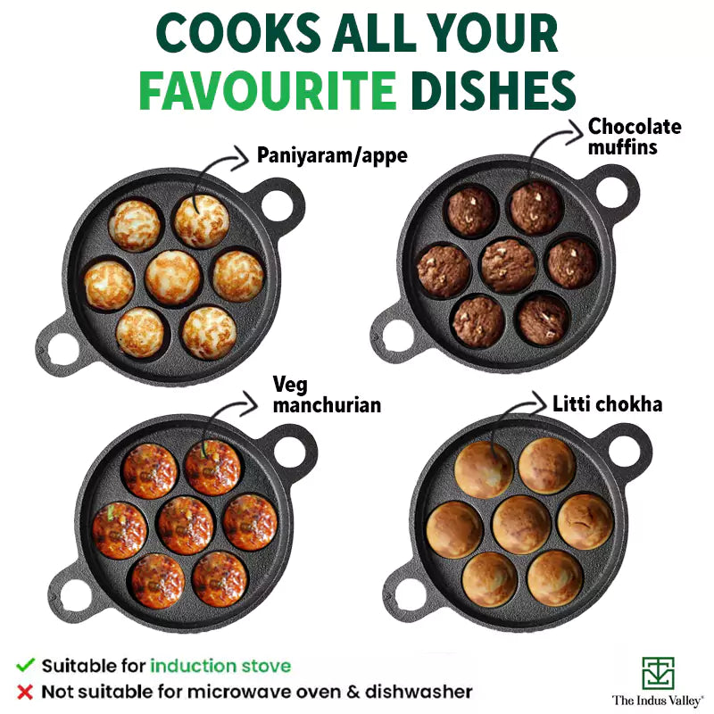 Super Smooth 7 Pit/Cup Cast Iron Paniyaram/Appe Pan+ Free Spatula, Pre-seasoned, Natural Nonstick, 100% Pure, Toxin-free, 18.9cm, 2.26 kg - Image 11