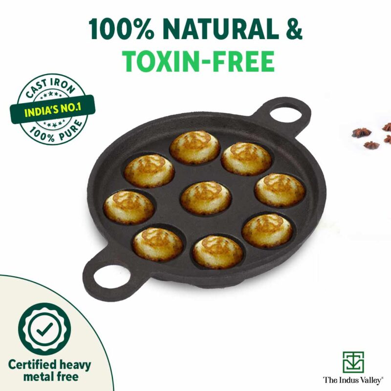 Super Smooth 9 Pit/Cup Cast Iron Paniyaram/Appe Pan+ Free Spatula, Pre-seasoned, Natural Nonstick, 100% Pure, Toxin-free, 21 cm, 2.8kg - Image 2