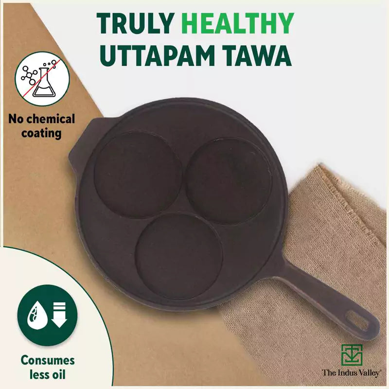 CASTrong Cast Iron Uttapam/ Set Dosa Tawa, 3 Pit, Pre-seasoned, 100% Pure, Toxin-free, Induction, 23cm - Image 4