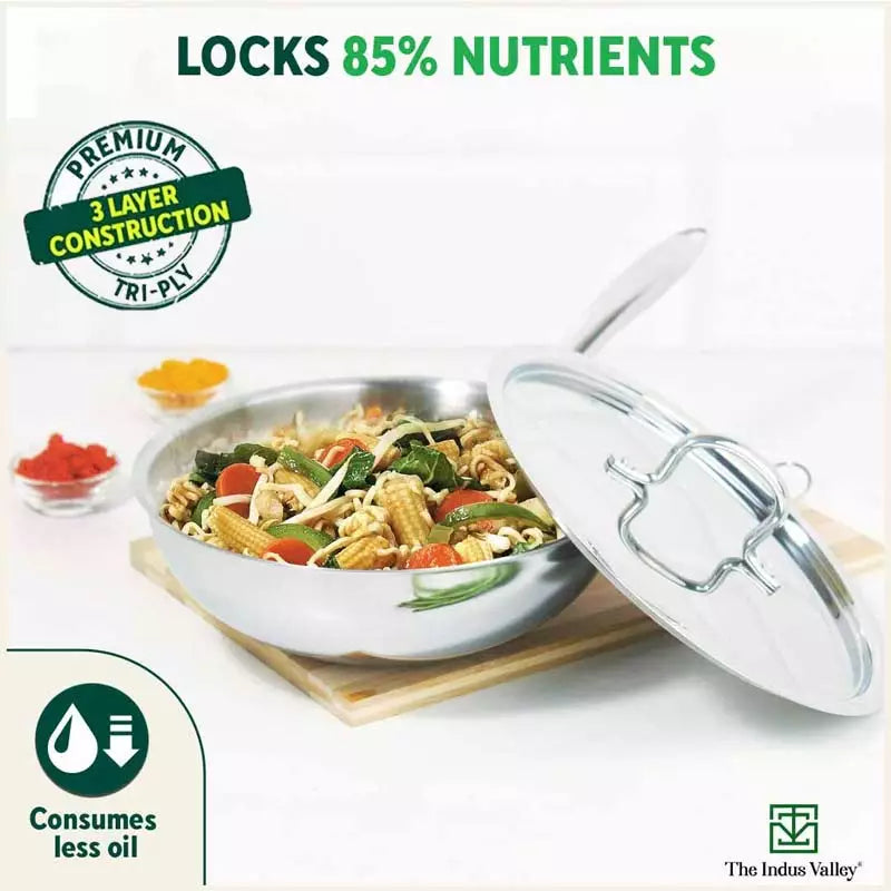 TurboCuk Tri-ply Stainless Steel Wok/Fry Pan+ Steel Lid, Premium Quality, 3 Layer Thick Body, 100% Toxin-free, Non-stick, Induction & Gas, 1.8/2.3L, 1.3/1.4kg - Image 5