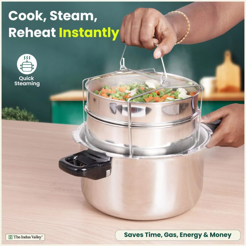 Stainless Steel Pressure Cooker Separator 2-tier Compatible with 5 Litres , Premium Quality, 100% Safe, 2 Containers With Lifter Stand, Stainless Steel - Image 2