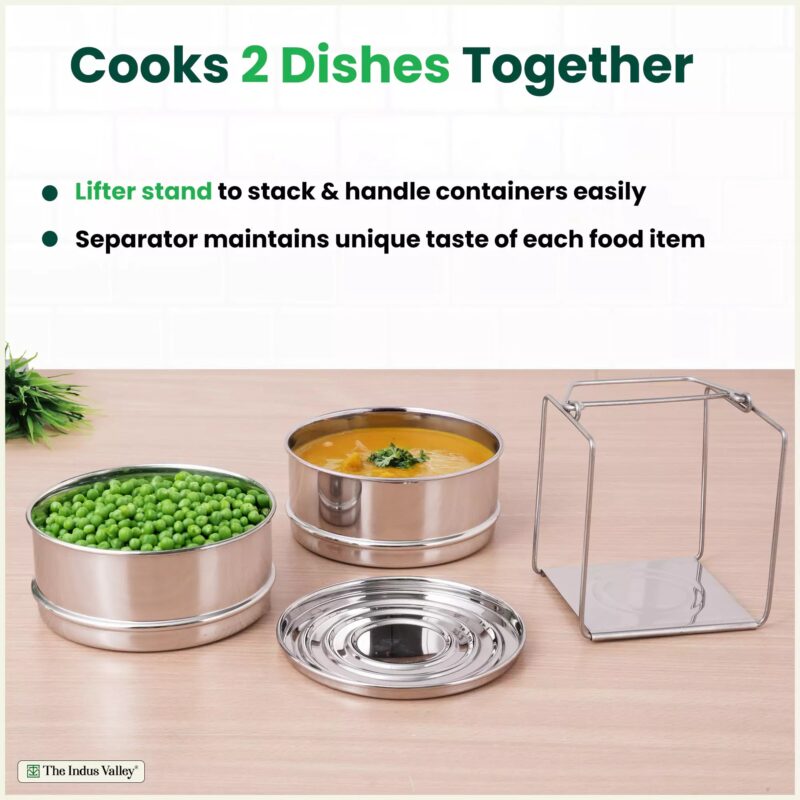 Stainless Steel Pressure Cooker Separator 2-tier Compatible with 3 Litres , Premium Quality, 100% Safe, 2 Containers With Lifter Stand, Stainless Steel - Image 4
