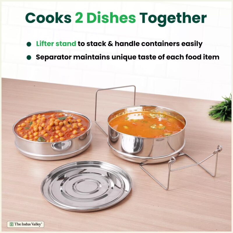 Stainless Steel Pressure Cooker Separator 2-tier Compatible with 5 Litres , Premium Quality, 100% Safe, 2 Containers With Lifter Stand, Stainless Steel - Image 4