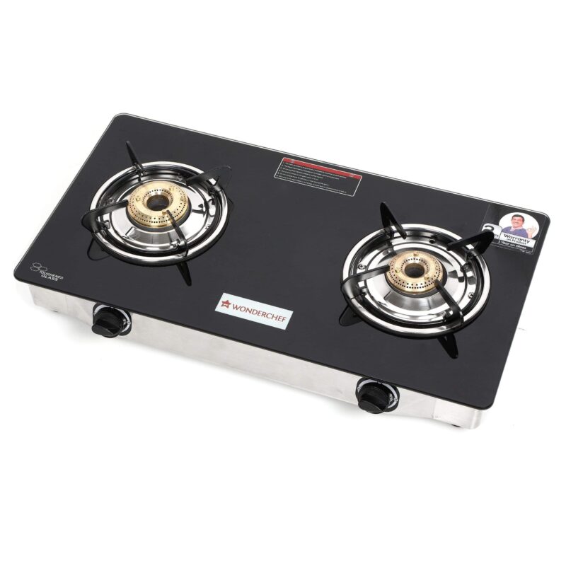 Zest 2 Burner Glass Cooktop,  Black 7mm Toughened Glass with 1 Year Warranty, Ergonomic Knobs, Efficient Brass Burners, Stainless-steel Spill Tray, Manual Ignition - Image 3