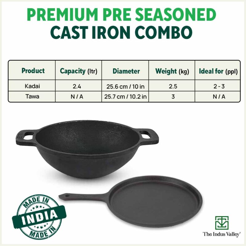 CASTrong Cast Iron Cookware Set: Tawa+ Kadai (Wok model), Kitchen Set for Home, Pre-seasoned, 100% Pure, Toxin-free, Free ₹400 Tadka Pan - Image 2