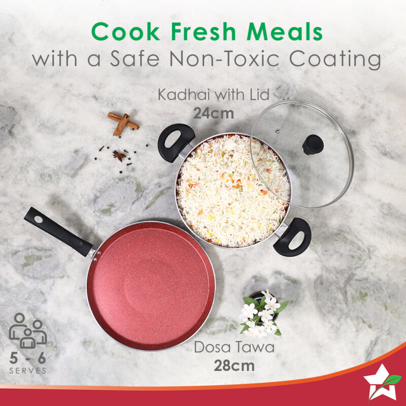 Galaxy 3pcs Cookware Set | Kadhai with Lid and Dosa Tawa | Induction Friendly | Cool Touch Bakelite Handles | Pure Grade Aluminium| PFOA Free| 2 Years Warranty | Red & Black - Image 3