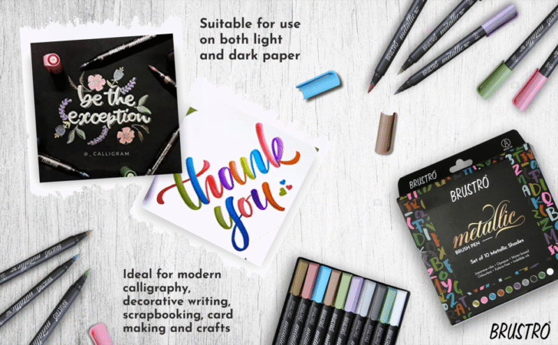 BRUSTRO Metallic Brush Pens Set of 10 Colors with Black Paper A5 - Image 2
