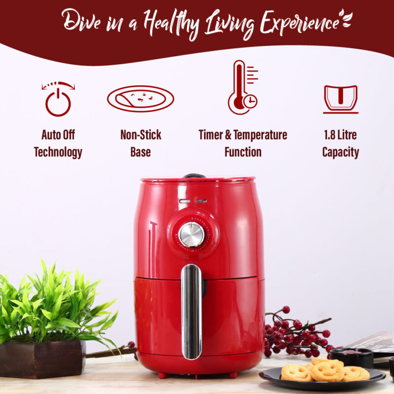 Crimson Edge Air Fryer for Home and Kitchen|1.8 Litres Non-stick Basket| Fry, Grill, Bake & Roast| Rapid Air Technology| Timer & Temperature Control| Auto Shut-Off| Healthy Cooking with 99% less Fat| Sleek & Compact| 1000 Wattage| Red |2 Year Warranty - Image 2