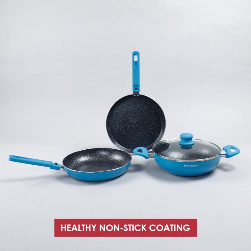 Power Non-Stick Cookware 4 Piece Set | Kadhai with Glass Lid 2.6L, Dosa Tawa 25cm, Fry Pan 24cm | Induction Friendly Bottom | Soft Touch Handles | Pure Grade Aluminium | PFOA Free | 2 Years Warranty | Blue - Image 3