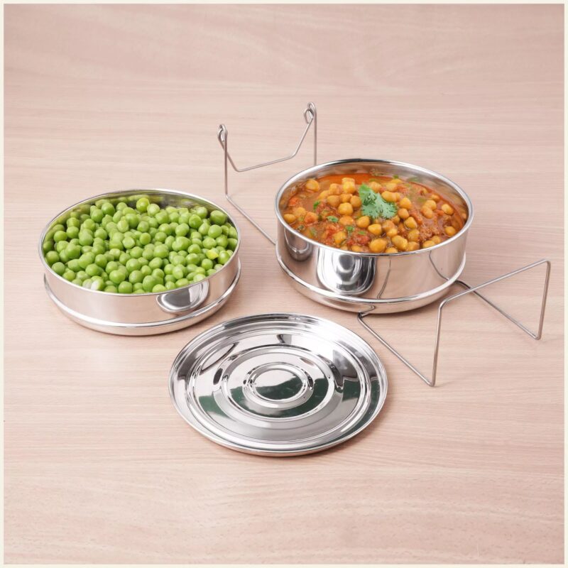 Stainless Steel Pressure Cooker Separator 2-tier Compatible with 5 Litres , Premium Quality, 100% Safe, 2 Containers With Lifter Stand, Stainless Steel - Image 9