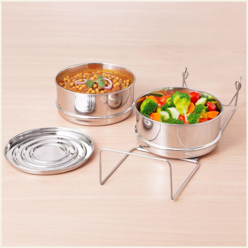 Stainless Steel Pressure Cooker Separator 2-tier Compatible with 3 Litres , Premium Quality, 100% Safe, 2 Containers With Lifter Stand, Stainless Steel - Image 9