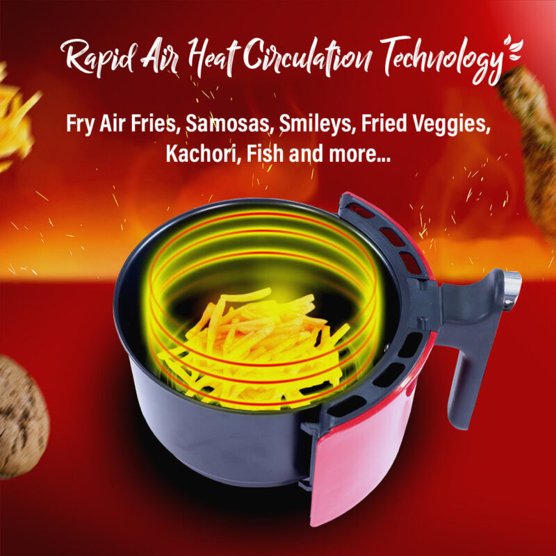 Crimson Edge Air Fryer for Home and Kitchen|1.8 Litres Non-stick Basket| Fry, Grill, Bake & Roast| Rapid Air Technology| Timer & Temperature Control| Auto Shut-Off| Healthy Cooking with 99% less Fat| Sleek & Compact| 1000 Wattage| Red |2 Year Warranty - Image 5