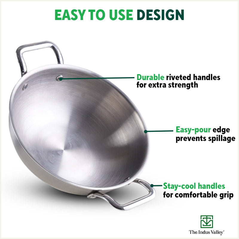 TurboCuk Tri-ply Stainless Steel Kadai, Premium 3 Layer Body, Induction, Non-stick, 1.7/2.7/4L - Image 6