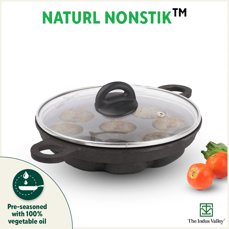 9 Pit/Cup CASTrong Cast Iron Paniyaram/Appe Pan+ Glass Lid, Pre-seasoned, Natural Nonstick, 100% Pure, Toxin-free, 21 cm, 2.7 kg - Image 7