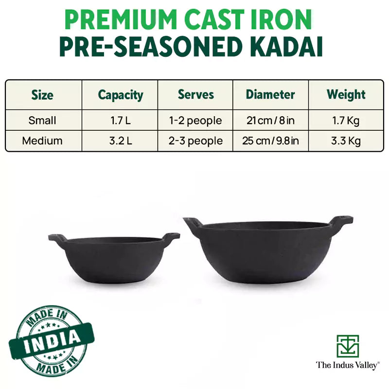 CASTrong Cast Iron Kadai, Pre-seasoned, Nonstick, 100% Pure, Toxin-free, Induction, 21/25cm, 1.7L/3.1L, 1.7kg/3.3kg - Image 3