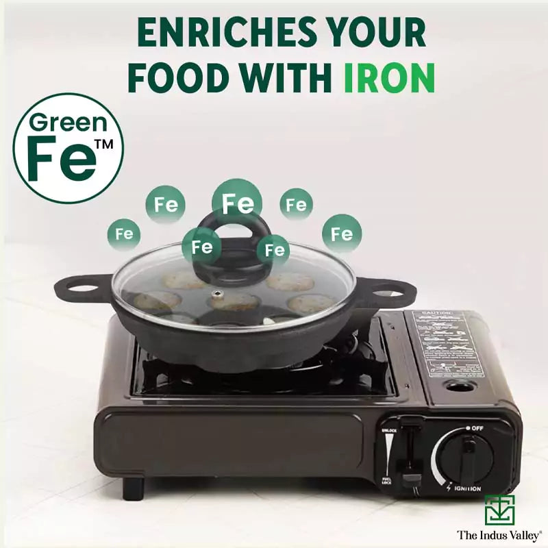 9 Pit/Cup CASTrong Cast Iron Paniyaram/Appe Pan+ Glass Lid, Pre-seasoned, Natural Nonstick, 100% Pure, Toxin-free, 21 cm, 2.7 kg - Image 4