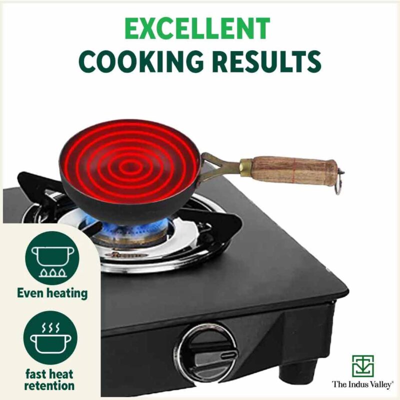 100% Pure Sheet Iron Tadka Pan with Wooden/Silicone Handle, Seasoned, Toxin-free, 0.8/0.43ml - Image 7