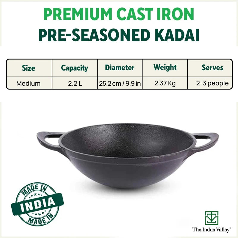 CASTrong Cast Iron Kadai, Pre-seasoned, Nonstick, 100% Pure, Toxin-free, Free ₹110 Spatula, 25.2cm, 2.2L, 2.37kg - Image 2