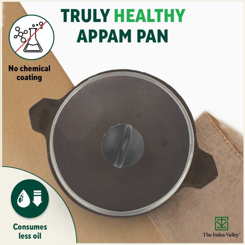 CASTrong Cast Iron Appam Pan/Appachetty, Glass Lid, Pre-seasoned, Nonstick, 100% Pure, Toxin-free, Induction, 22cm, 1.5kg - Image 4