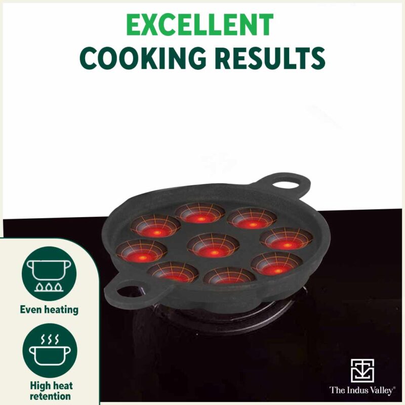 Super Smooth 9 Pit/Cup Cast Iron Paniyaram/Appe Pan+ Free Spatula, Pre-seasoned, Natural Nonstick, 100% Pure, Toxin-free, 21 cm, 2.8kg - Image 7