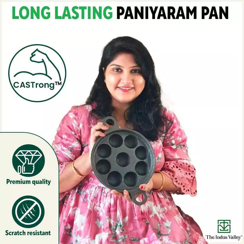9 Pit/Cup CASTrong Cast Iron Paniyaram/Appe Pan+ Glass Lid, Pre-seasoned, Natural Nonstick, 100% Pure, Toxin-free, 21 cm, 2.7 kg - Image 9