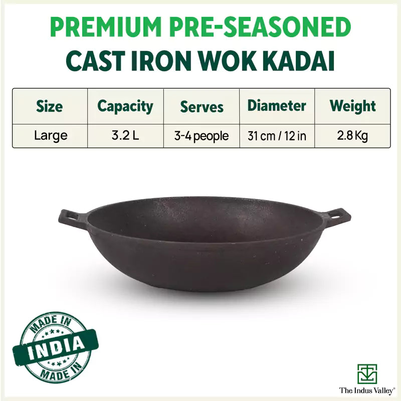 CASTrong Cast Iron Wok Kadai, Pre-seasoned, 100% Pure, Toxin-free, 31cm, 3.2L, 2.8kg - Image 3